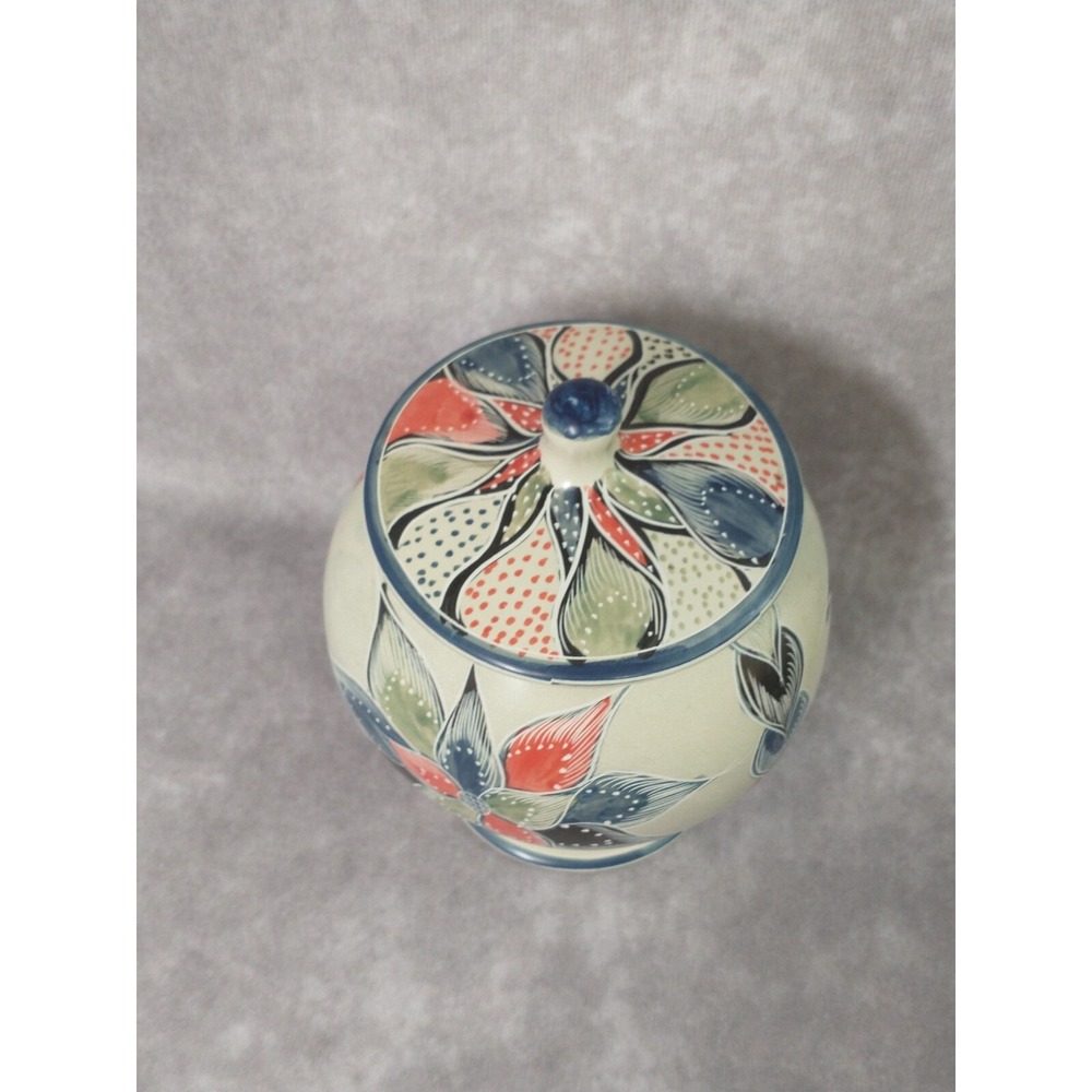 Pedestal Soapstone Jar With Lid Hand Painted and Carved Floral Design - Picture 4 of 10